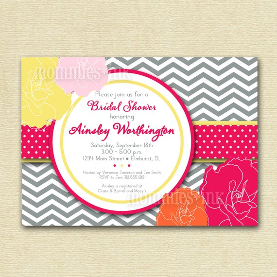 Gray Chevron Retro Blooms Bridal Shower Invite - Pink Orange Yellow - PRINTABLE INVITATION DESIGN Il_570xn