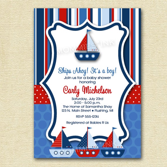 Ships Ahoy Sailboat Baby Shower or Birthday Party Invitation - Digital File - PRINTABLE INVITATION DESIGN Il_570xn