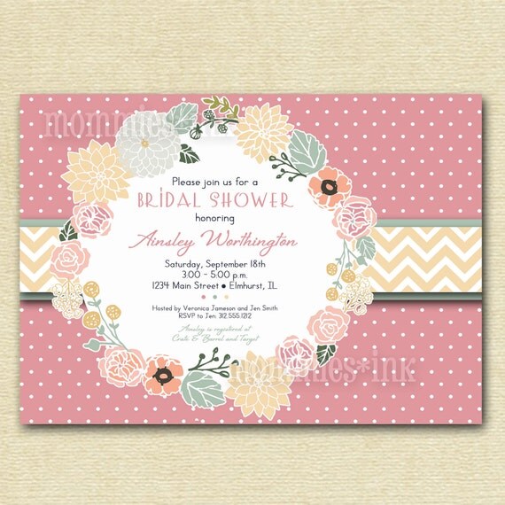 Simple Vintage Flower Wreath and Pink Polka Dots Bridal Shower Invite - Yellow Chevron - PRINTABLE INVITATION DESIGN Il_570xn