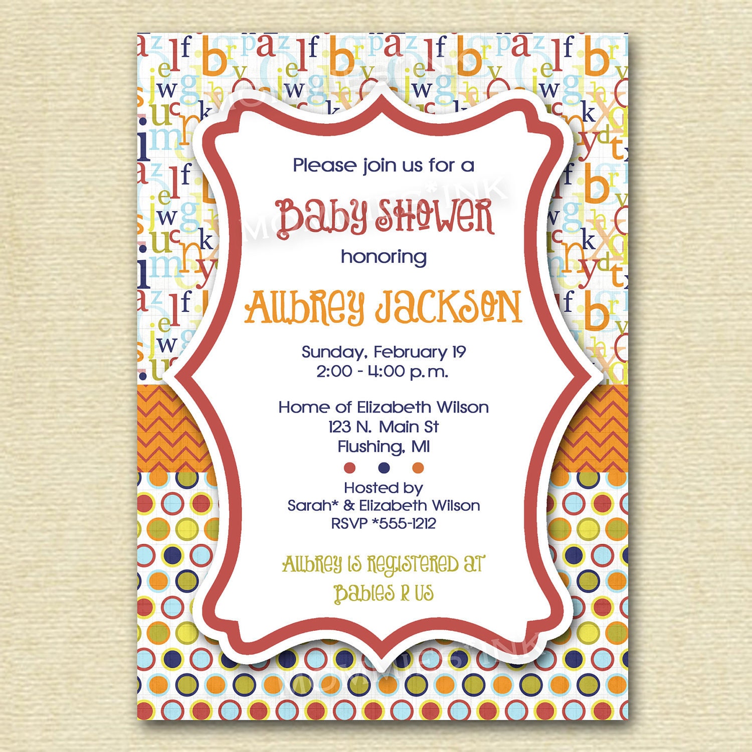 Mod ABC Polka Dot Baby Shower Invitation Alphabet Invitation