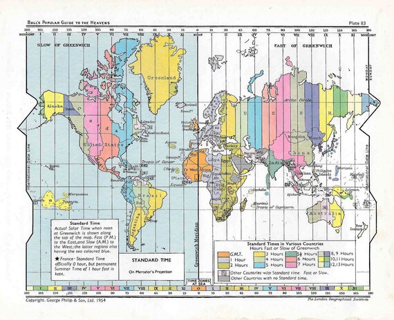 c 1955 standard time map world map lithograph original