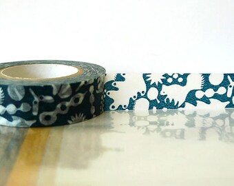 Dark TEAL Blue Squirrel, Acorn, Leaves Japanese Washi Tape - Masking Tape 15mm Fall Woodland Decor Embellishment, Scrapbooking