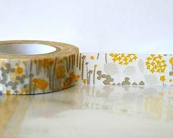 Japanese Washi Tape Little Garden GREY and orange yellow washi tape, Masking Tape, Wedding Decoration, Gift Wrap and Packaging Craft Tape