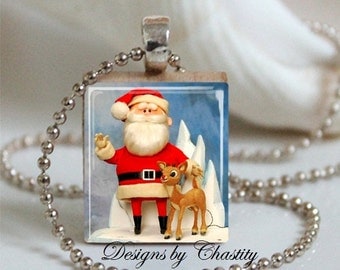 Santa & Rudolph the Red Nosed Reindeer Scrabble Charm Necklace
