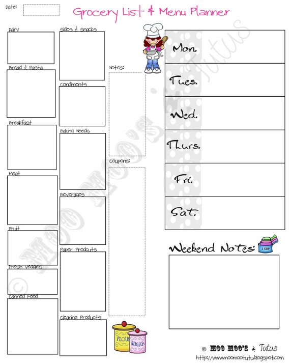 diy printable grocery list and menu planner