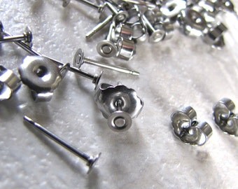48 3mm Surgical Steel Flat Pad Earring Posts and Backs jewelry finding supplies