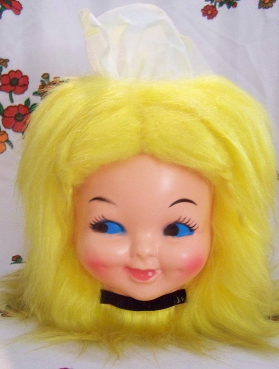 Vintage plastic doll head Kleenex/tissue cover