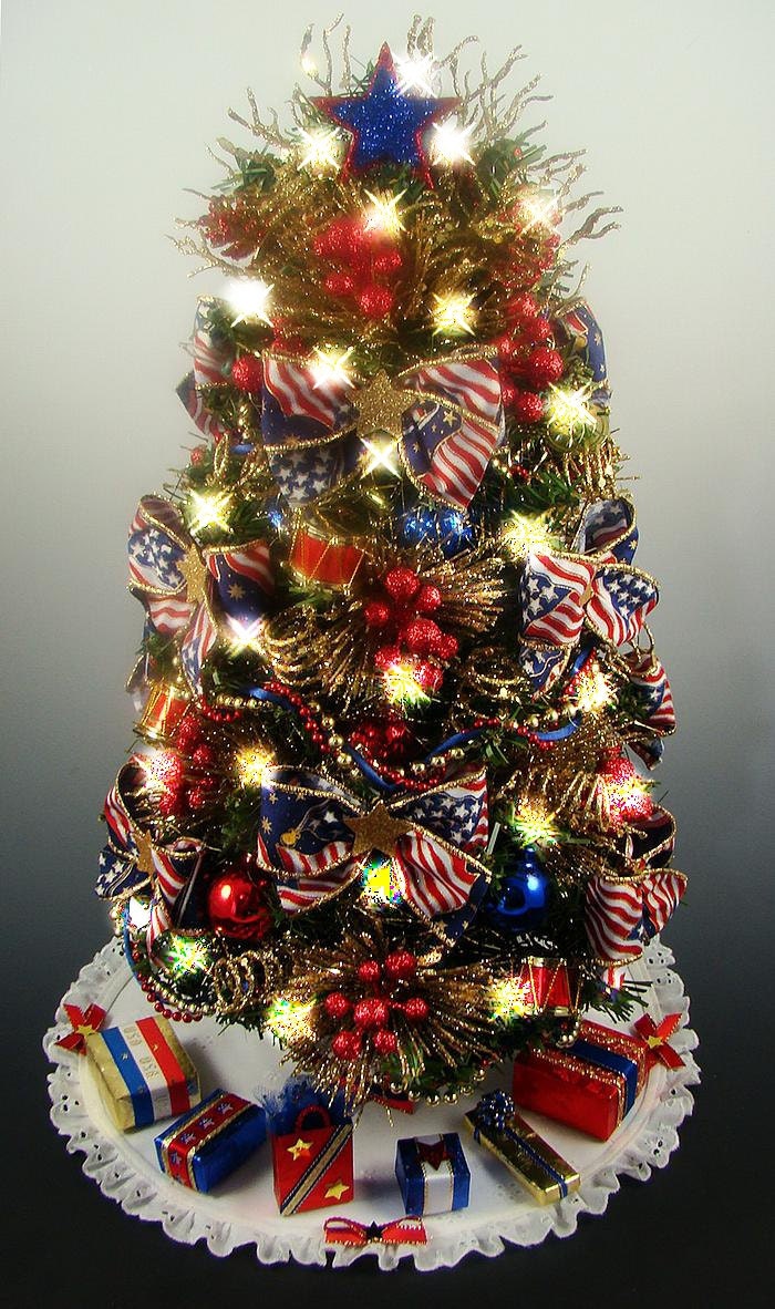 Decorated Patriotic Tabletop Mini Christmas Tree Red White