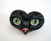 Hand Painted Cat Eye  Brooch -Hand  Paint  Black Cat Brooch , Heart Shaped Wooden Pin, Christmas gift for pet lovers, cat lovers