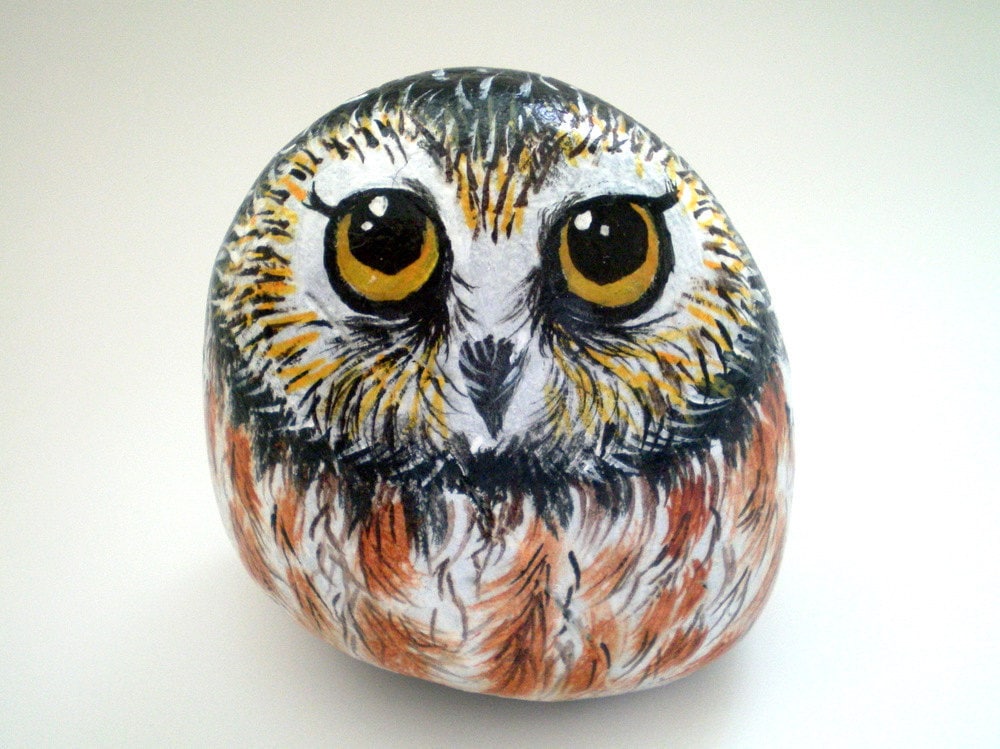 Hand painted Owl Rock whimsical animal rockart woodland