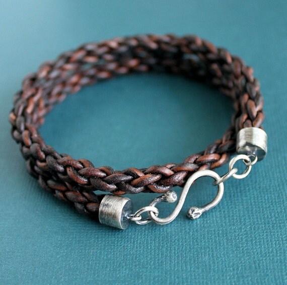Items similar to Mens Leather Wrap Bracelet Thick Braided Cord Silver Hook on Etsy