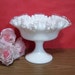 FENTON SILVER CREST MILK GLASS COMPOTE VASE, RUFFLED RIM, CLEAR EDGE. MID-CENTURY. VINTAGE