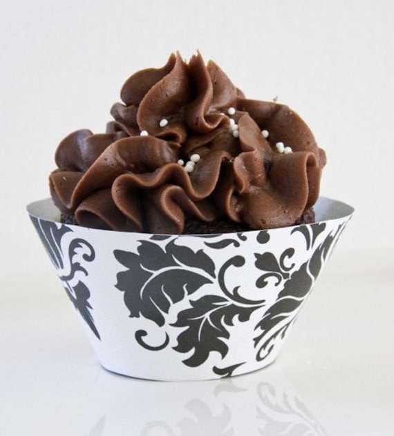 Black and White Damask Cupcake Wrappers by sugarcatstudio Black and White Damask Cupcake Wrappers by sugarcatstudio