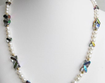 Freshwater Pearl and Rainbow Pyramid Glass Bead Necklace