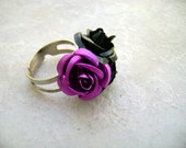 Boho Chic gift Romance - Fuchsia and Black Flowers adjustable Ring