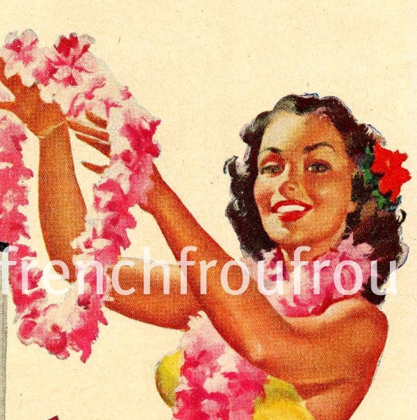 Vintage Hawaiian Pin Up Girl Illustration Hula Girl Digital