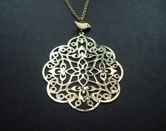 filigree with bird necklace - 16K yellow gold plated