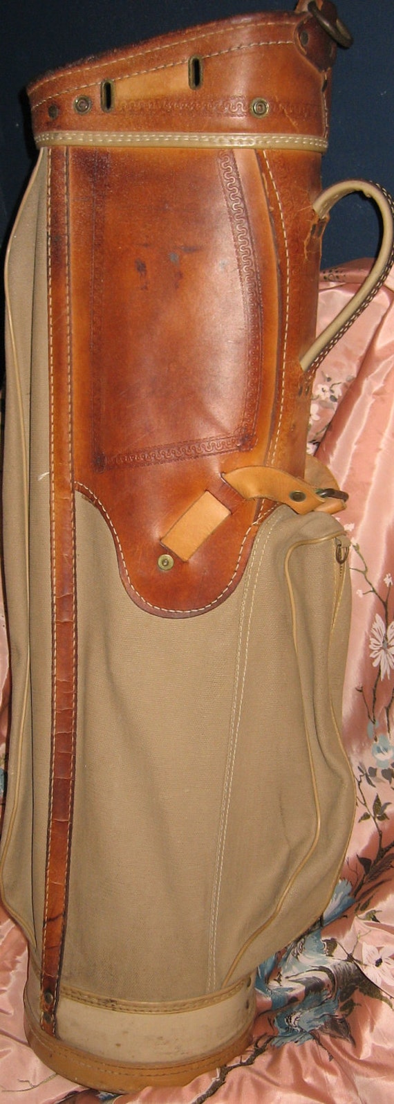 Items similar to vintage TOOLED leather and canvas LEEDS golf bag from