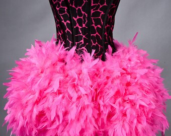 Custom size Hot Pink and Black Animal print corset with full Hot Pink feather skirt small-XL