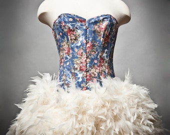 Custom size Floral and Jean Burlesque Feather Corset Dress available in sizes small-X large