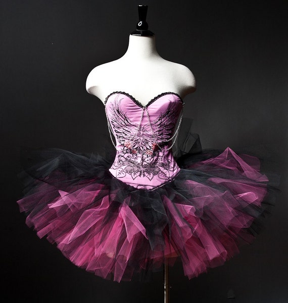 Custom Size Pink and black Corset tutu Prom dress with chain