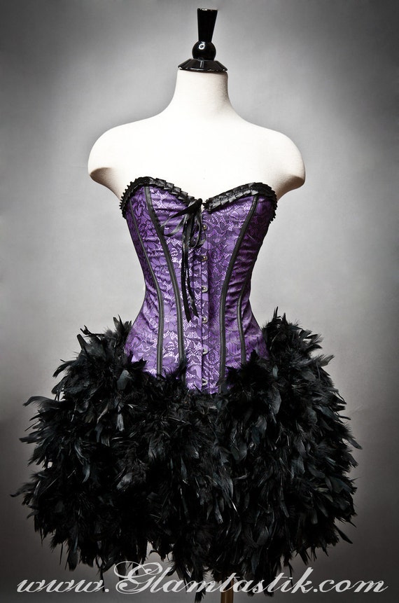 Custom Size Purple and Black lace Burlesque Feather Corset