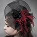 Halloween Gothic Black Mini Top Hat with red guinea and roosterFeathers and black netted veil Ready To Ship