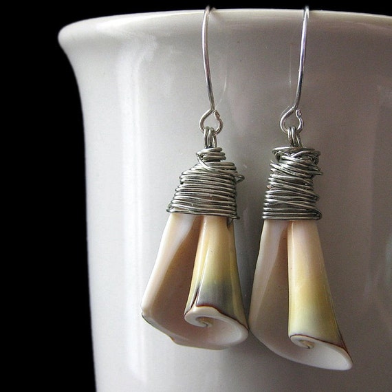 Silver Wire Wrapped Spiral Seashell Earrings. Shell Earrings
