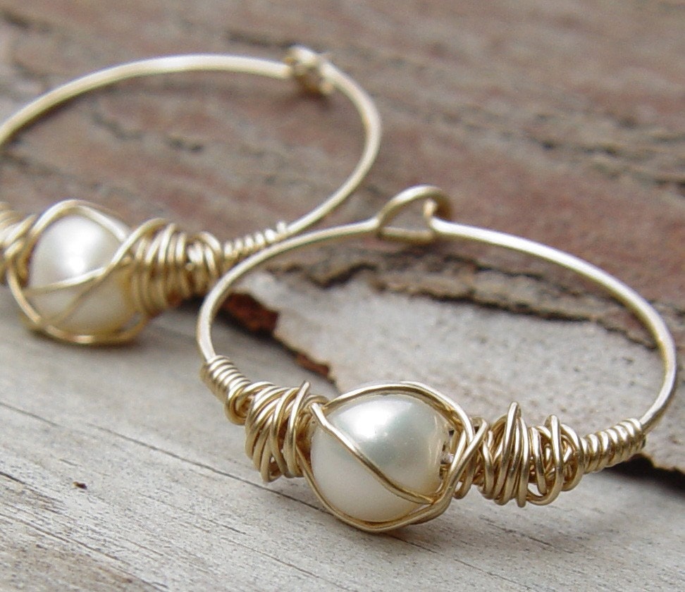 Wire Wrapped Pearl Hoops Small Gold Hoop Earring Gold Hoop