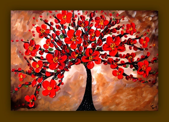 On Sale Red  Flower Painting  Red  Tree Painting  Textured