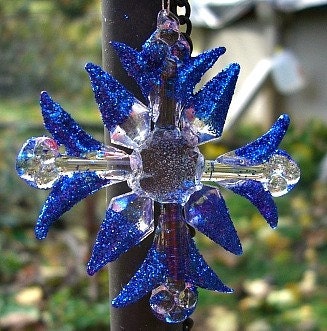 Handmade Brightly Blue Christmas Snowflake Ornament Glass & Glitter ON SALE NOW