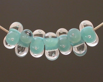 Water Beads, lampwork glass beads, lampwork bead sets, artisan lampwork beads, blue and crystal clear with bubbles, blue beads, turquoise