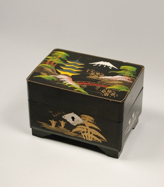 Vintage Japanese Geisha Jewelry Music Box Hand Painted Black
