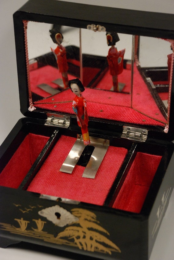 Vintage Japanese Geisha Jewelry Music Box Hand Painted Black