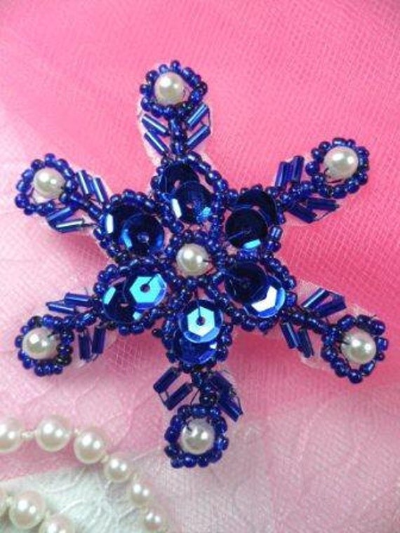 XR72 Blue Pearl Snowflake Beaded Sequin Applique for Crafts