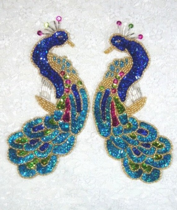 0167 Blue Peacock Mirror Pair Sequin Beaded Appliques Sewing