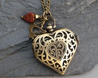 For Your Love - Locket Watch Necklace Antique Bronze Filigree Heart - Timeless Treasure SALE