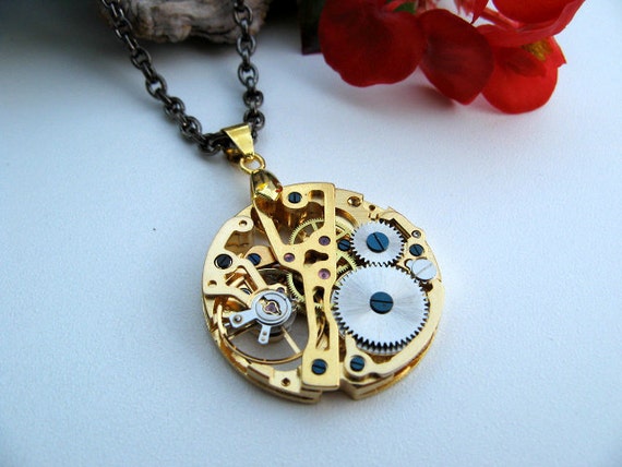 Sale - Pocket Watch Movement Steampunk Necklace - Victorian Era Golden Mechanical Watch Movement Necklace by ArtInspiredGifts steampunk buy now online