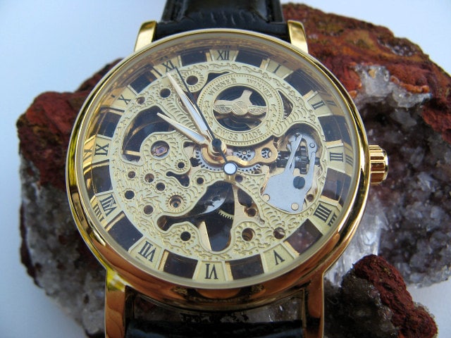 Goldtone Mechanical Wrist Watch with Black Leather Wristband, Steampunk - Groom - Groomsmen - Watch - Item MWA384