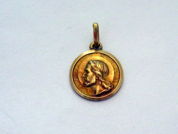 Antique Religious Medal 18kt Gold Italian Pendant Charm Dio