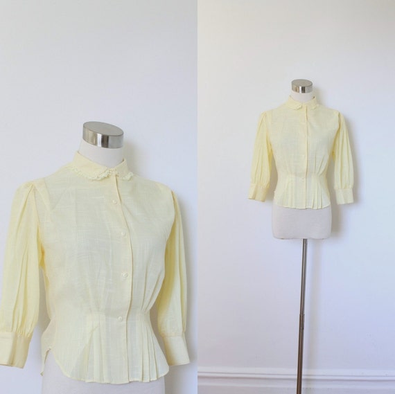 Sheer Blouse / 1970s Pale Yellow Button Up Shirt / Peplum