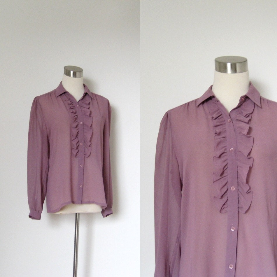 Vintage Givenchy Blouse / 1970s Sheer Purple Ruffled Button Up
