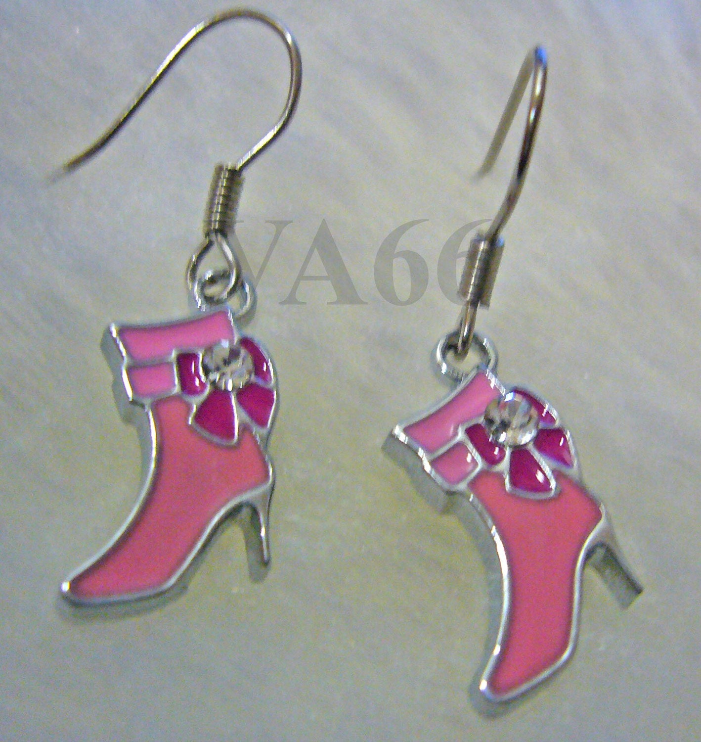 Pink High Heel Stilleto Shoe Earrings with Bow n Rhinestone