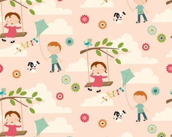 OOP HTF 22 inches Riley Blake October Afternoon Fly a Kite Fabric Whimsical Kids Dogs in The Park Tree Swing Kites on Pink