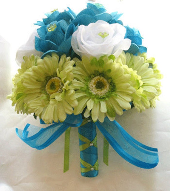 Bridal bouquet TURQUOISE GREEN DAISY wedding flowers