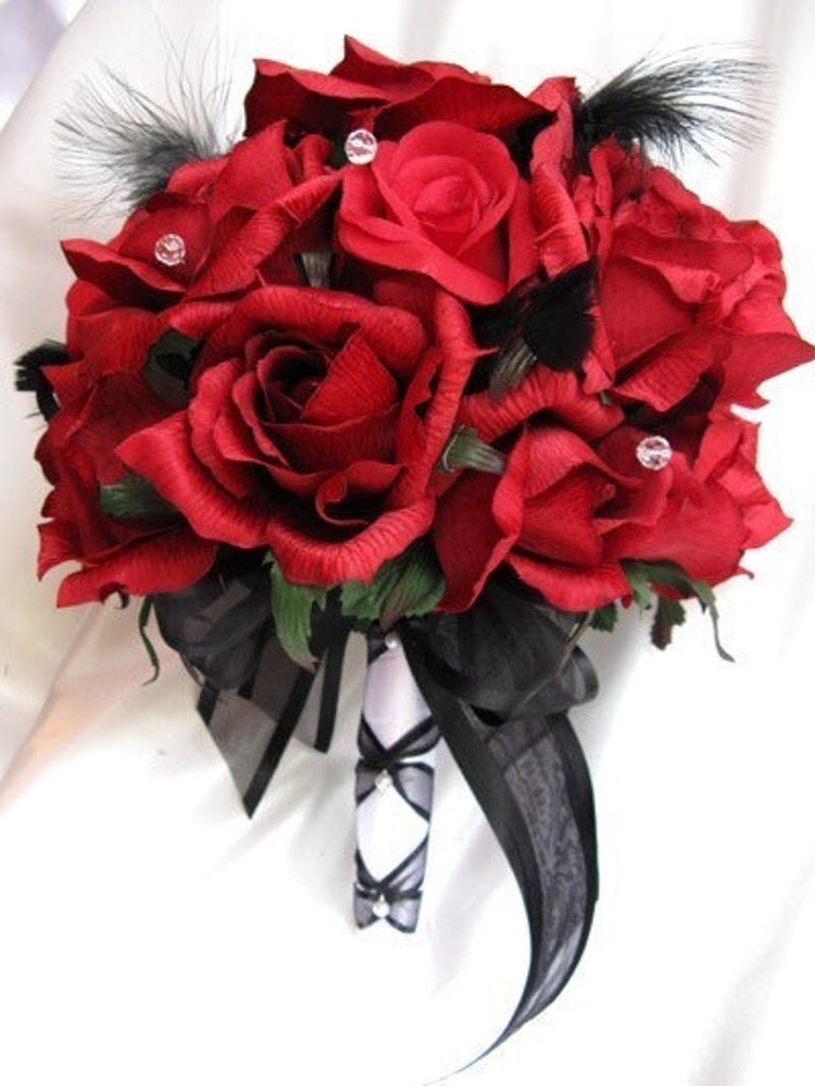 Wedding bouquet Bridal flowers RED / BLACK by Rosesanddreams