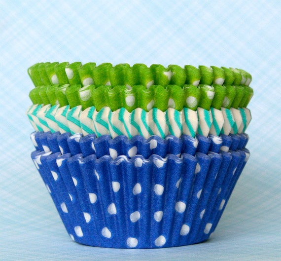 Cupcake Liners - Blue and Green Mix Baking Cups - Dot and Stripe - Lime, Aqua and Blue (60)