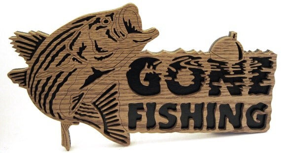 Gone Fishing Bass Sign scroll saw cut5fr