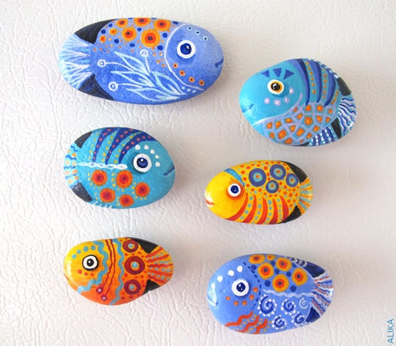 Painted Rock Stone Art Fish Magnets Set Of 6 Reserved Fo   Il 570xN.294160588 