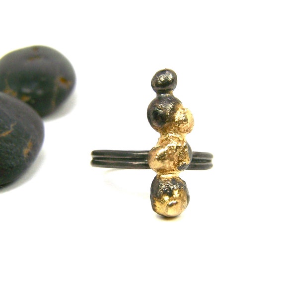 Black Silver 14K Yellow Gold Zen Ring Pebble Bridge